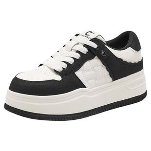 千百度黑白拼色厚底板鞋女松糕系带新款百搭小白鞋增高休闲运动鞋