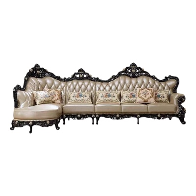 欧式实木真皮转角沙发美式复古奢华客厅黑檀贵妃L型组合皮艺沙发