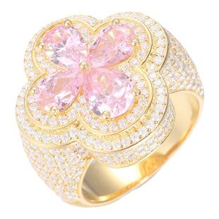 ICE BLING 高质量粉红色四叶草纯银莫桑钻满钻戒指 小众原创时尚