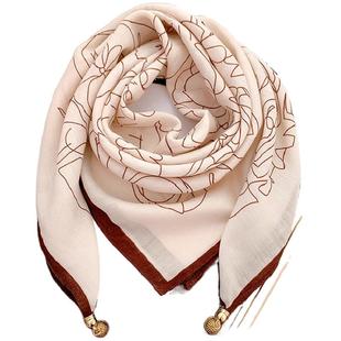 磁吸扣棉麻小方巾丝巾女春秋百搭护颈领巾三角围巾新款保暖围脖冬