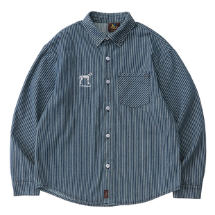 ACTIONS 斑点狗刺绣条纹口袋长袖衬衫复古休闲宽松牛仔蓝上衣外套