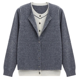 百家好假两件老钱风冬装毛衣女冬季新款灰色高级感羊毛针织衫上衣