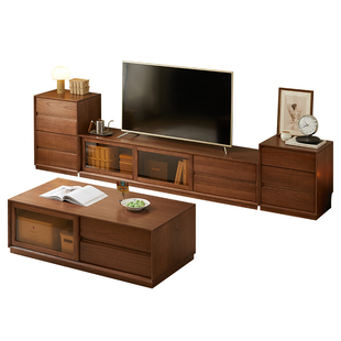 实木电视柜落地胡桃色地柜高级感客厅茶几电视机柜组合柜立柜矮柜