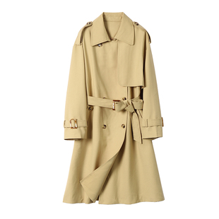 【折】 大女主气质 篙级感纯色宽松双排扣翻领系带中长款风衣外套