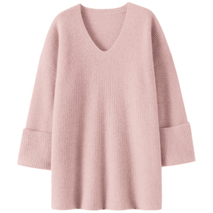 简约好穿给满分！莫兰迪粉下摆开叉V领100%纯山羊绒衫宽松袖口冬