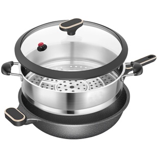 麦饭石不粘锅家用无烟炒菜锅电磁炉燃煤气灶无涂层平锅底炒锅通用