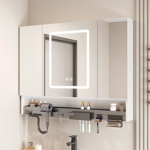 多功能智能浴室镜柜挂墙式带灯除雾卫生间单独镜子带置物架太空铝