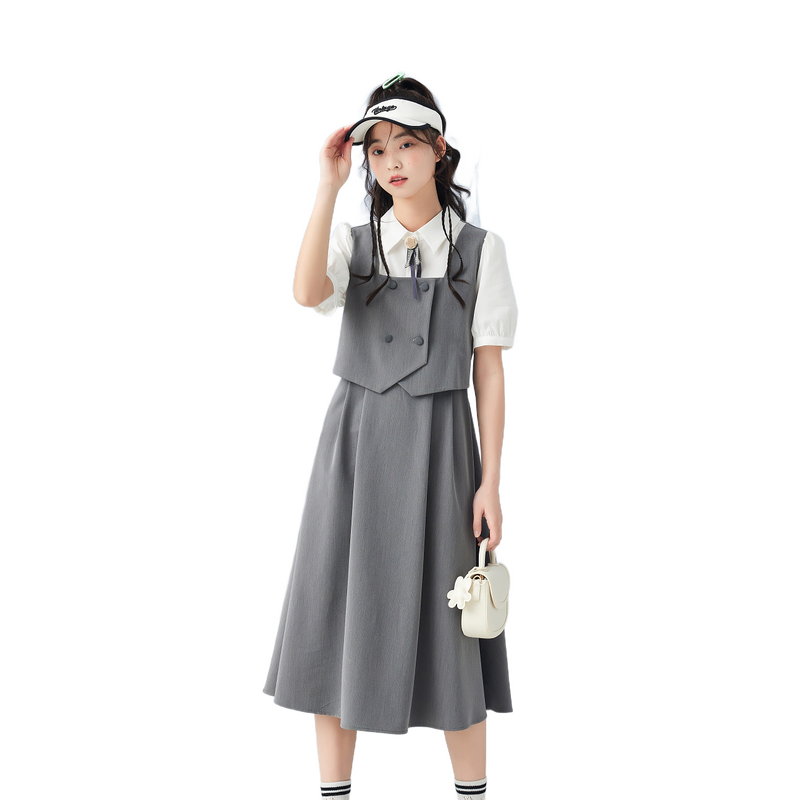 紫涵學院風假兩件連衣裙女夏季新款休閑收腰顯瘦拼接馬甲中長裙子