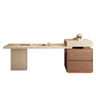 中古洞石岛台餐桌一体可伸缩小户型胡桃木开放厨房多功能高级导台