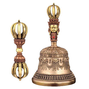 藏传金刚铃杵摆件黄铜铃铛西藏式五股九股金刚杵密宗法器供修摇铃
