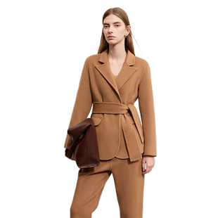 Amii2024新款秋冬羊毛驼绒双面呢外套休闲裤套装女通勤两件套大衣