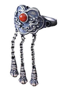 镶南红玛瑙长流苏男女宫廷戒指环