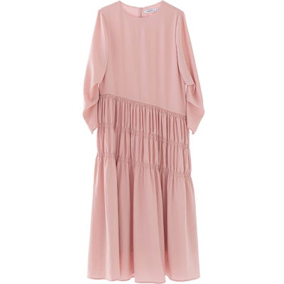 CR粉色褶皱长袖倾斜打揽设计长裙