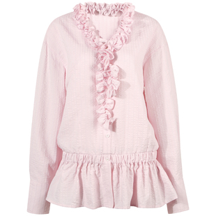 GUUKAHERO粉色木耳花边衬衫女 洪一诺同款法式设计感收腰衬衣上衣