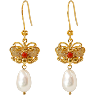 落花荫丨软语设计古法纯银鎏金蝴蝶南红玛瑙强光巴洛克珍珠长耳坠