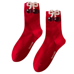 不会丢的袜子 立体卡通红色中筒袜女款秋冬新年属马喜庆可爱棉袜