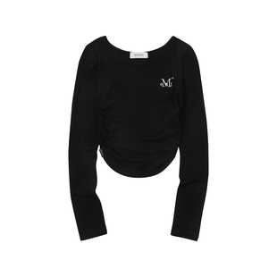 mucent标志褶皱T恤白色上衣女夏2025新款长袖正肩显瘦修身设计感