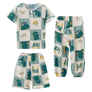 夏季儿童棉绸睡衣男孩女童短袖夏天宝宝绵绸男大童家居服套装薄款
