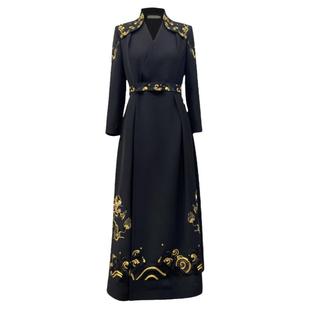 浒城古娘新款重工刺绣气质复古长袖新中式国风战袍连衣裙女款春秋