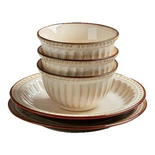 复古陶瓷碗碟套装家用中古风碗盘碗筷轻奢高级感餐具乔迁新居碗具