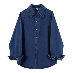 纯欲风复古牛仔衬衫女秋季新款高级感气质宽松显瘦polo领长袖外套