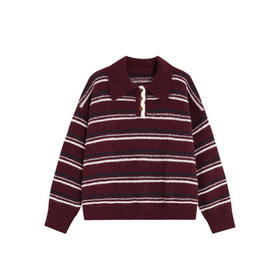 复古条纹马海毛polo领慵懒毛衣