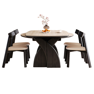 中古风洞石岩板伸缩餐桌可变圆桌实木白蜡木纹折叠饭桌家用小户型