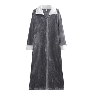 冬季法兰绒睡袍女加厚两面加绒长款拉链睡裙男大码睡衣情侣可外穿