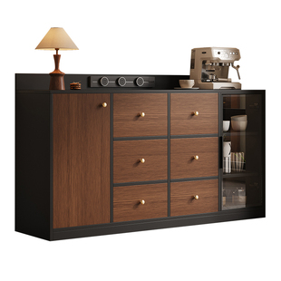 餐边柜靠墙一体玻璃门抽屉矮柜新型客厅带插座茶水柜黑胡桃木柜子