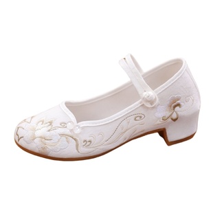 新款老北京布鞋女中跟民族风粗跟搭配旗袍的鞋妈妈绣花鞋软底单鞋