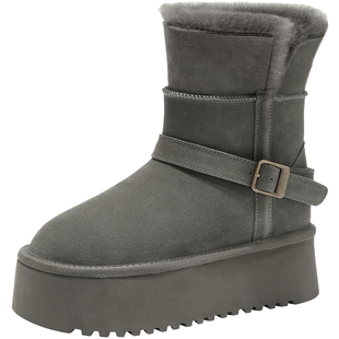 超厚底内增高雪地靴女2025冬季新款中筒加绒保暖防滑棉鞋灰色靴子