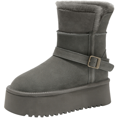 超厚底内增高雪地靴女2025冬季新款中筒加绒保暖防滑棉鞋灰色靴子