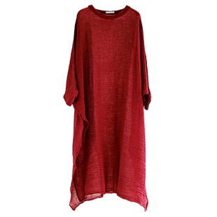 花椿诗意禅服红色禅意女套装圆领棉麻连衣裙新款佛系高端国风茶服