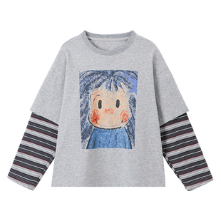 布丁哈鲁春装男童童装上衣2026春夏季新款儿童童趣印花假两件T恤