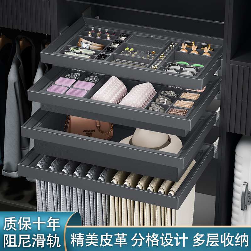 衣柜拉篮抽屉式首饰盒内置家用衣帽间收纳五金推拉伸缩裤架格子抽