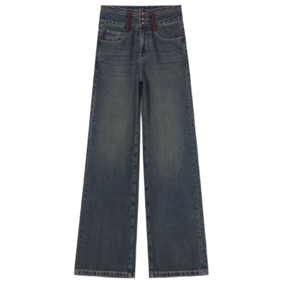 加绒莫奈灰蓝高腰阔腿牛仔裤女款