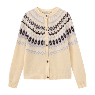 CUBIC复古时髦费尔岛软糯毛感全羊毛无缝工艺宽松短款毛衣开衫