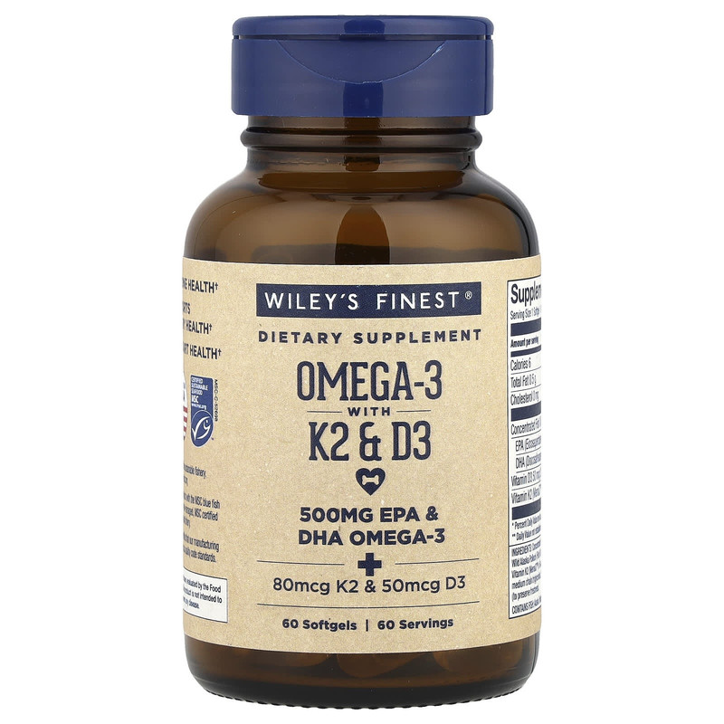 Wiley'sFinest野生阿拉斯加鱼油维生素K2软胶囊心脏血管健康眼部