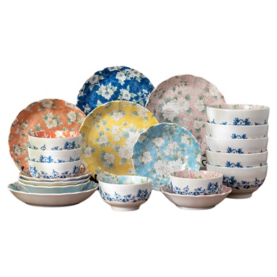 MinoYaki木槿花餐具碗碟20件