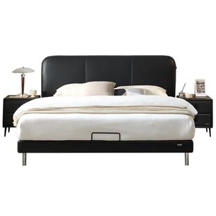 全友家居现代简约黑色真皮大床1米8双人床小户型卧室高脚1.5米床