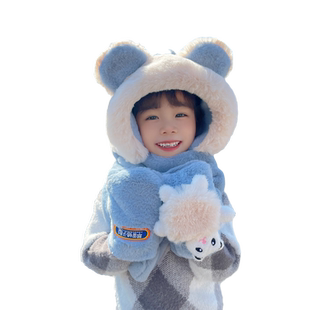 儿童帽子围巾手套一体冬季男孩毛绒帽三件套女大童防风保暖护耳帽