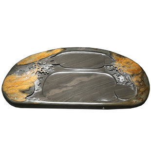 大型砚石茶台【一物一拍 安徽非遗名师手工】茶盘家用 水墨江南 石盘办公湿泡山水茶海 歙砚金皮玉带籽料砚台