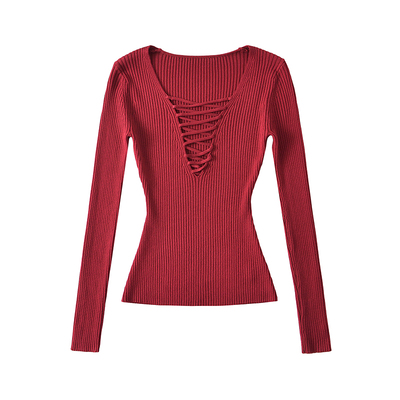 性感胸前绑带镂空长袖针织衫上衣
