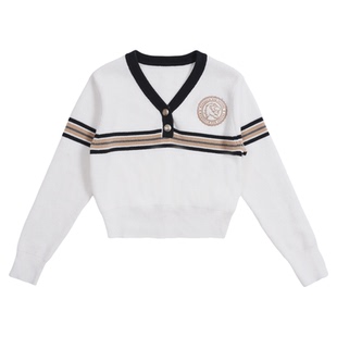memoryin童装毛衣两个小朋友复古学院风刺绣撞色包边V领毛织衫