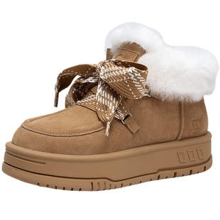 千百度厚底加绒保暖雪地靴女百搭冬季气质贝果系列棉鞋毛毛鞋短靴