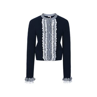 lefame拉飞姆2026春休闲风荷叶拼花边装饰毛针织衫外套上衣女显瘦