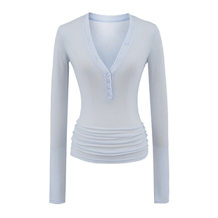 YoungGirlDay纯欲温柔性感V领单排扣修身显瘦弹力长袖打底T恤上衣