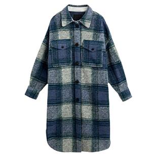 加厚羊毛格子大衣女中长款秋冬季宽松大码蓝色格纹粗花毛呢子外套