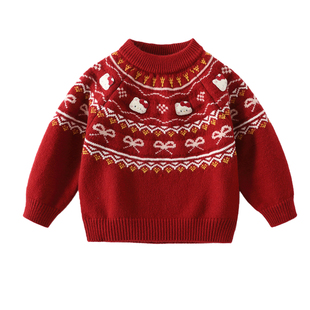 女童费尔岛红色毛衣冬季2025新款儿童加厚打底衫宝宝冬装内搭上衣