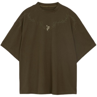 JHYQ重磅250G荆棘短袖t恤男宽松logo印花圆领潮牌五分纯棉半袖女